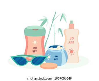 Sun Protection Set.Tubes,Bottles of Sunscreen Product Sunblocks.Skin Care Cosmetics.Sunglasses,Beach Tools for Healthy Tanning Vector.Summer Vacation,Ultraviolet Rays Hazard for Health Defence,Sunbath