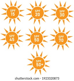 sun protection sign. flat style. set of SPF sun protection icons on white background. SPF sun protection symbol.