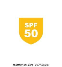 Sun protection SPF 50 simple flat icon vector. SPF 50 icon. Shield icon
