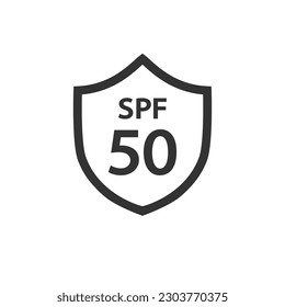 Sun protection SPF 50 simple flat icon vector. SPF 50 icon. Shield icon