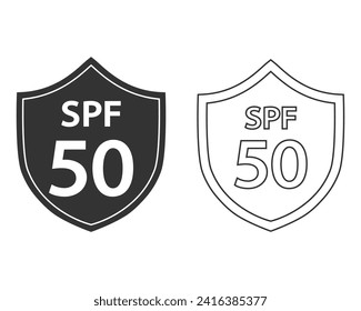 Sun protection SPF 50 simple flat line icon set vector. SPF 50 icon. Shield icon