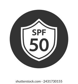 Sun protection SPF 50 simple flat icon vector. SPF 50 icon. Shield icon