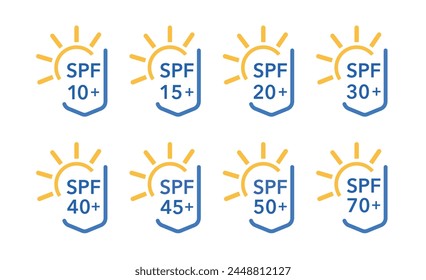 Sun protection. SPF Icon Set. SPF isolated Logo Collection. Vector graphics