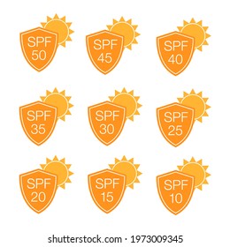 Sun protection SPF sunscreen packaging label icon set. Sunblock cosmetic product different levels of SPF signs. Sun protective shield simple flat vector icons. Sun safety, safe sunbathing, uva uvb.