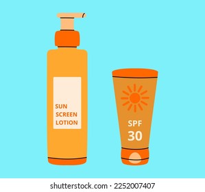 Sun protection spray. Cartoon SPF lotion. Beach sunblock beauty cosmetics. Summer skin care moisturizing cream tube. Orange bottles. Sunlight block moisturizer. Vector skincare collection