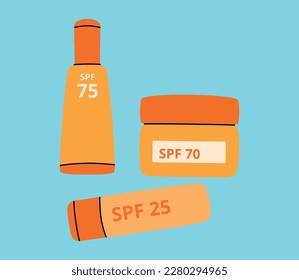 Sun protection spray. Cartoon SPF lotion. Beach sunblock beauty cosmetics. Summer skin care moisturizing cream tubes. Sunlight ray block moisturizer. Vector isolated orange bottles set
