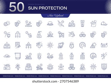 Icono de trazo de protección solar. Conjunto de iconos de línea de protección solar. paquete de iconos de trazo editable. Línea, delgado, Paquete de icono de estilo lineal. Totalmente personalizable