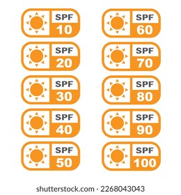 Sun protection sunblock sign set. Solar shine SPF suns defense symbol collection. 