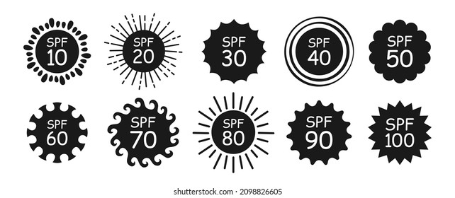 Sun protection sunblock sign stamp set. Solar shine SPF suns defense symbol stencil collection. Safe summer beach suntan icon. Simple protect from uv radiation sunbeams vector design elements