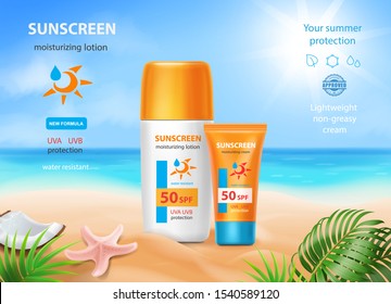 Sun protection sunscreen advertising. Sunblock cream tube on summer beach background.