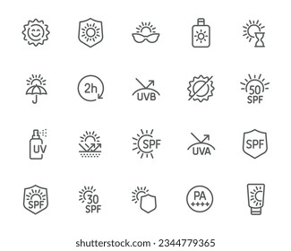 Sun Protection and Sunscreen Icons. Vector graphics for sun safety, encompassing products, headwear, eyewear, skincare, and symbols of secure sun exposure. All set for design use.