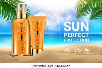 Sun Protection Sunscreen Sprays Tube of Sunscreen Cream for the Face Palm Branches Marine Background. Concept Advertising Products for Sunburn. Summer and Rest. Sand Sea Ocean. Vector illustration