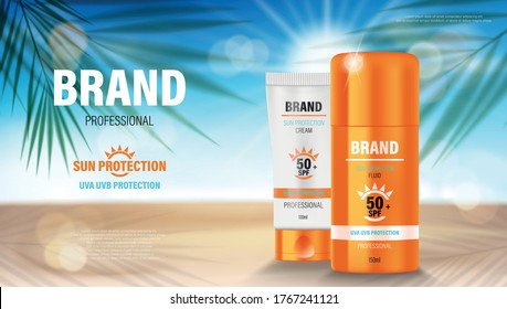 Sun protection, sunscreen and Sunblock ads template. Cosmetic products design. Face and body lotion with UV protection on palm beach summer background. Sunblock vector illustration