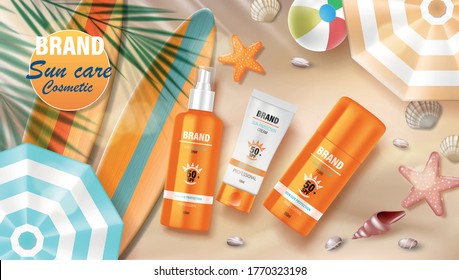 Sun protection, sunscreen and Sunblock ads design, top view. Cosmetic banner with sea shells, tropical plants and Surfboards on Beach. vector illustration