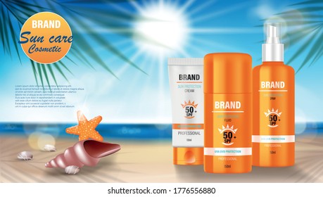Sun protection, sunscreen and Sunblock ads design. Cosmetic Face and body lotion banner with sea shells and palm trees on the Beach seashore. vector illustration