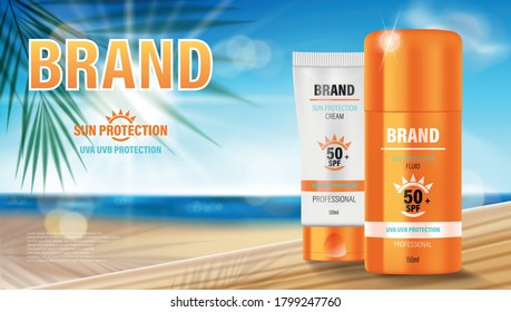 Sun protection, sunscreen and Sunblock design template. Cosmetic products ads with summer palm leaves against the sunny sky. vector illustration