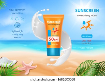 Sun protection sunscreen Tube in sunblock cream splash. UV protection milk on ocean and tropical beach concept advertising Vector illustration