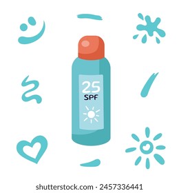 Protección solar, botella de bronceado, aerosol. Concepto de vacaciones en la playa. Diseño plano, producto cosmético SPF de dibujos animados con trazos de crema bronceadora. Botella de protector solar, tarro.