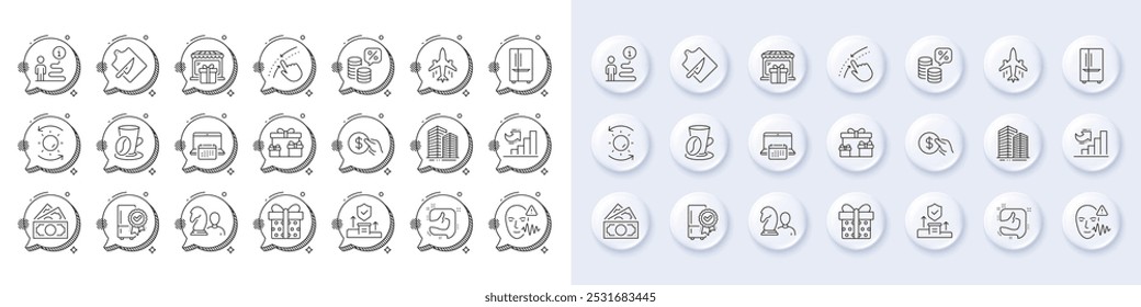 Sun protection, Surprise boxes and Money line icons. White pin 3d buttons, chat bubbles icons. Pack of Plane, Chess, Security agency icon. Payment, Swipe up, Like pictogram. Vector