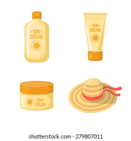 Sun protection symbols collection. Body and face summer care.