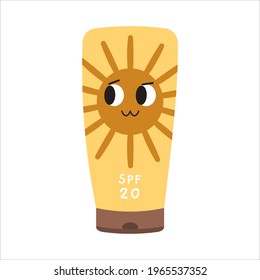 Sun protection concept. Cute tube of sunscreen with cartoon smiling sun. UV protection, skin care with SPF 20. Flat vector illustration. 