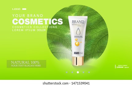 Sun Protection Tube of Sunscreen Cream for the Face, Palm Branches . Concept Advertising Products for Sunburn