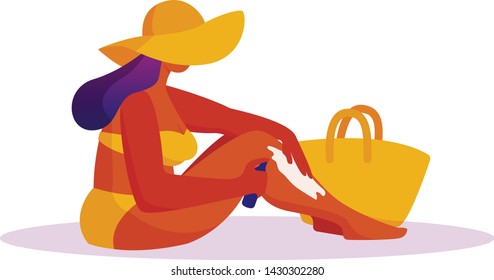 Sun protection vector illustration. Flat female character using sun care spa cream at the beach. Tanning curvy woman isolated on white background.