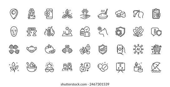 Protección solar, clínica veterinaria y paquete de iconos de línea de máscara médica. AI, Pregunta y respuesta, Iconos de pin de mapa. Tableta médica, tablero de la visión, icono del Web de la patata. Vector