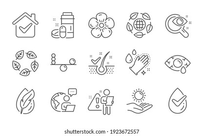 Sun protection, Vision test and Eco organic line icons set. Conjunctivitis eye, Washing hands and Medical drugs signs. Organic tested, Natural linen and Anti-dandruff flakes symbols. Vector