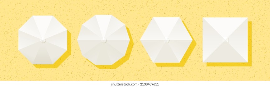 Sun protection white tents top view set on golden sand background for safe sunbathing. Shadow shield of umbrellas. Summer relaxation symbol in hotel or beach camping.