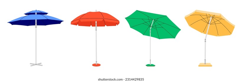 Sun protective outdoor umbrella for beach. Bright set of various beach umbrellas. large parasol for summer vacation or seaside picnic. Vector flat style cartoon illustration, all elements are isolated