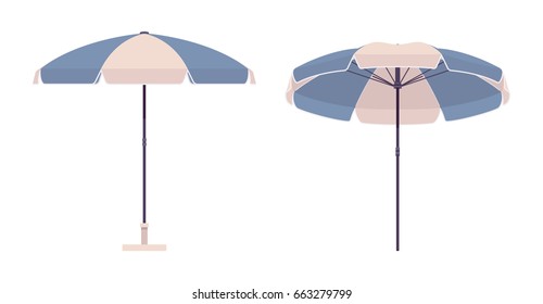 Sun protective outdoor umbrella for beach, set in blue and white color stripe, large parasol for summer vacation or seaside picnic. Vector flat style cartoon illustration, isolated, white background