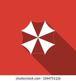 Sun protective umbrella fo beach icon isolated with long shadow. Large parasol for outdoor space. Beach umbrella. Summer vacation or picnic accessory. Flat design. Vector Illustration