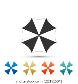 Sun protective umbrella fo beach icon isolated on white background. Large parasol for outdoor space. Beach umbrella. Summer vacation or picnic accessory. Color icons. Flat design. Vector Illustration