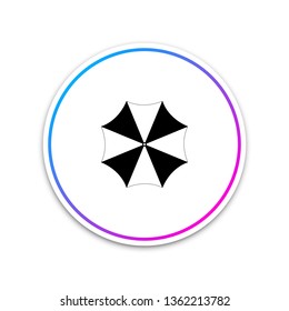 Sun protective umbrella fo beach icon isolated on white background. Large parasol for outdoor space. Beach umbrella. Summer vacation or picnic accessory. Circle white button. Vector Illustration