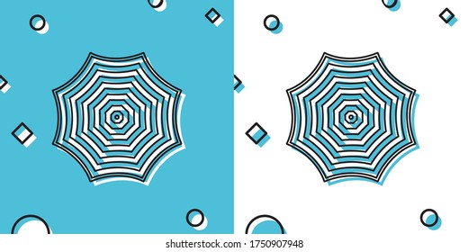 Sun protective umbrella fo beach icon on blue and white background. Large parasol for outdoor space. Beach umbrella. Summer vacation or picnic accessory. Random dynamic shapes. Vector Illustration