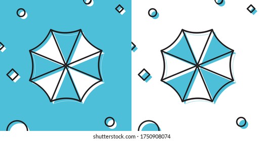 Sun protective umbrella fo beach icon on blue and white background. Large parasol for outdoor space. Beach umbrella. Summer vacation or picnic accessory. Random dynamic shapes. Vector Illustration