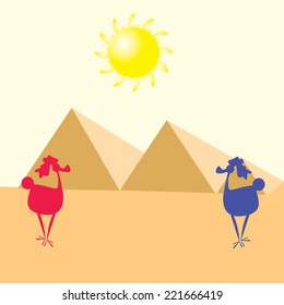 sun pyramid desert and blue and pink animal illustration