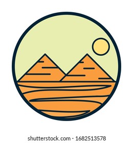 Diseño de icono de línea y de relleno de Sun y pyramids, entorno ecológico paisajístico y paisajístico, conservación ecológica, medio ambiente y tema exterior. Ilustración vectorial