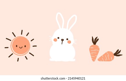 Sun, rabbit and carrots on orange background vector illustration.