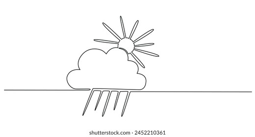 Sol, lluvia y nubes - dibujando a mano un solo Anuncio de línea continua. Ilustración de stock de Vector aislado sobre fondo blanco para previsión de Clima de Plantilla de diseño, blog de viaje. Trazo editable. EPS10
