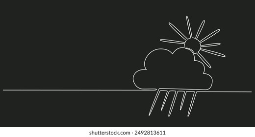 Sun, rain and cloud - hand drawing one single continuous line banner. Vector stock illustration isolated on black background for design template weather forecast, travel blog. Editable stroke. EPS10