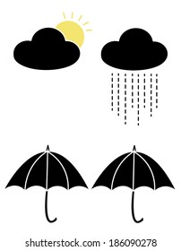 sun and rain with clouds and umbrellas
