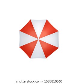 Sun or rain protective umbrella with red and white wedges 3d realistic vector illustration isolated on white background. Sea beach or rainy autumn weather equipment.