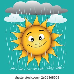 The sun in the rain. Smiling sun with raindrops.