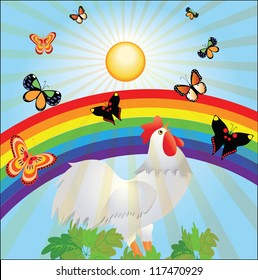 Sun, rainbow, butterflies and cock. Vector illustration