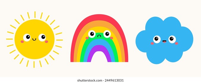 Sun, rainbow, cloud icon set line. Cute cartoon kawaii funny baby character. Baby collection. Smiling face emotion. Flat design. Educational kids card. Childish style. Isolated White background Vector