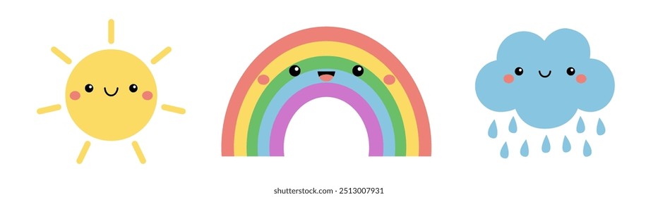 Sun, rainbow, cloud icon set line banner. Cute cartoon kawaii funny baby character. Baby collection. Smiling face head emotion. Flat design. Childish style. Isolated. White background. Vector
