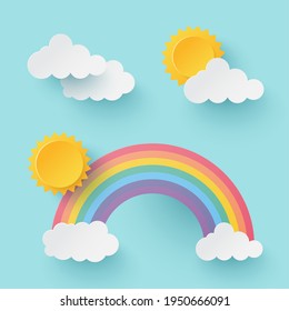 Sun with rainbow and cloud on blue background. Paper cut and craft style illustration