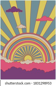Sun, Rainbow, Clouds 1960s Psychedelic Art Posters Background 